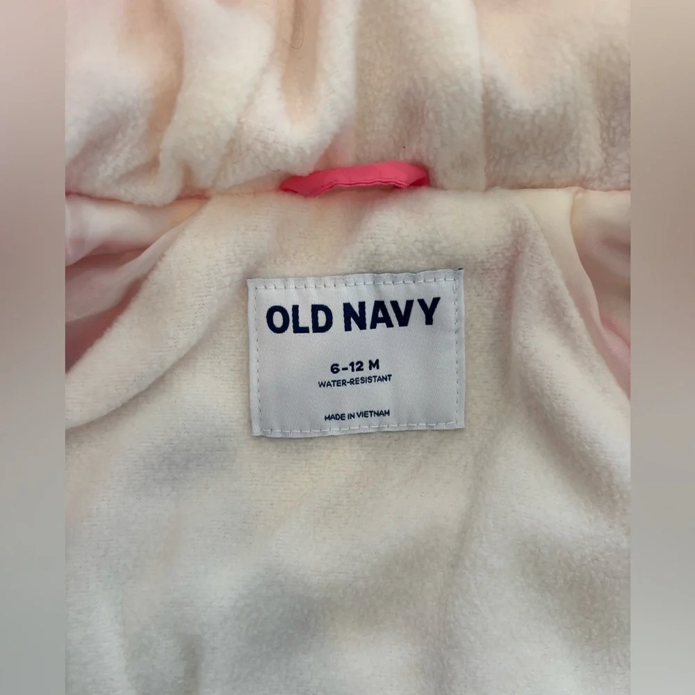 Old Navy Water Resistant Quilted Graphic Hooded Puffer Coat Pink Sz 6-12 months